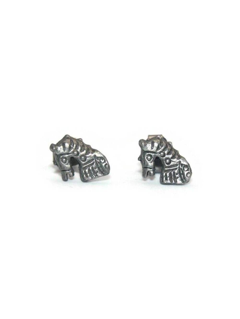 Small Vintage Pewter Carousel Horse Head Stud Earrings with Post Backs.